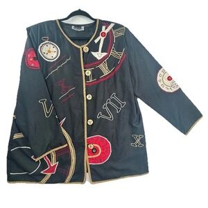 Maggie Barnes Women Artsy Abstract Jacket Embroidered Clock Time Vtg Petite